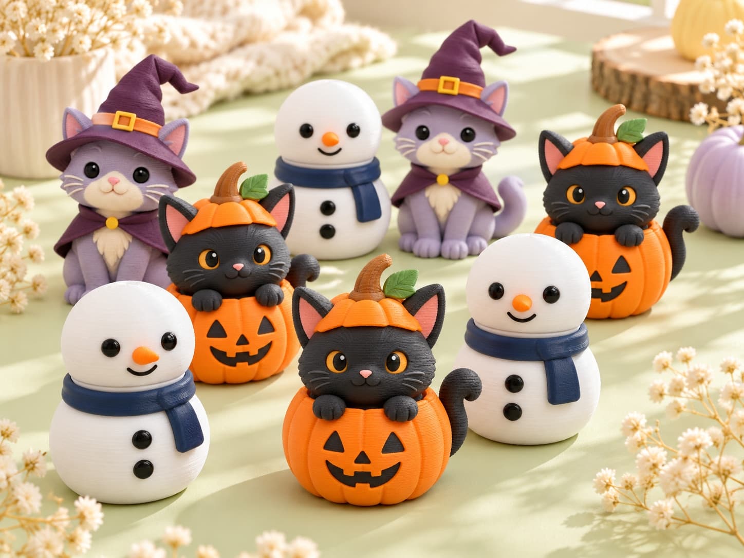 A group of snowman, pumpkin cat, and witch cat clickers gathered on a pistachio tabletop