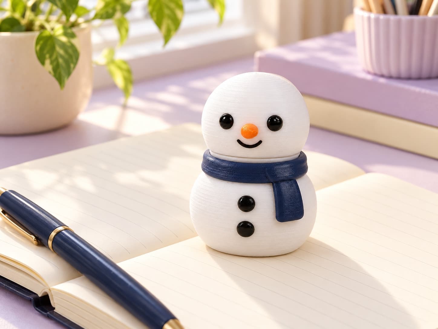 A snowman clicker on an open notebook beside a navy pen