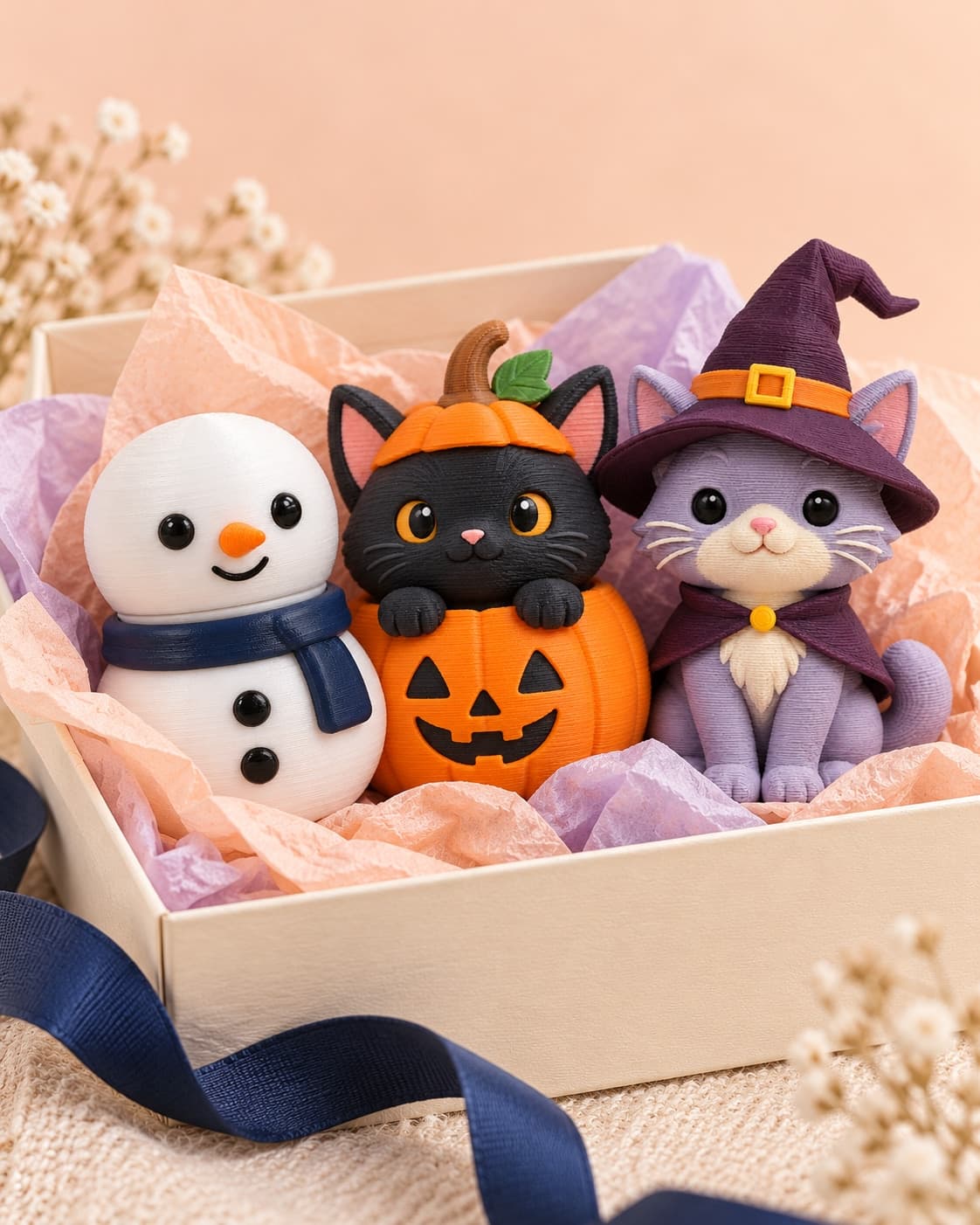 Three clickers nestled in a cream gift box with pastel tissue paper and navy ribbon