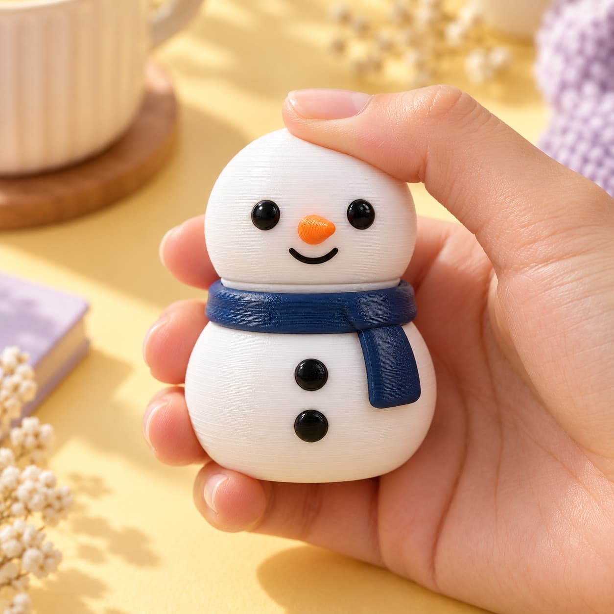A thumb pressing the snowman clicker's head while a hand holds its base