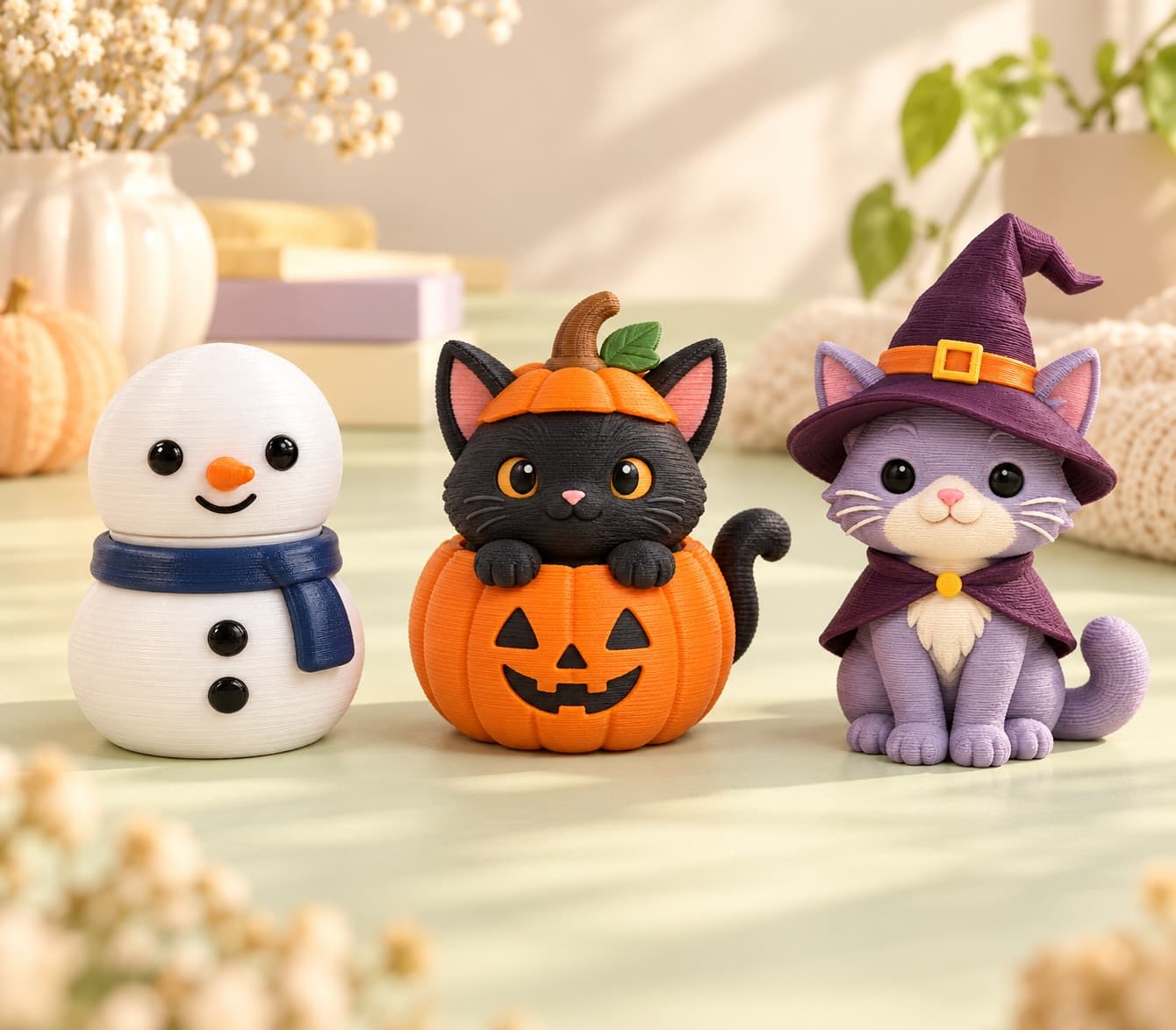 Snowman, pumpkin cat, and witch cat clickers arranged in a row on a pistachio surface