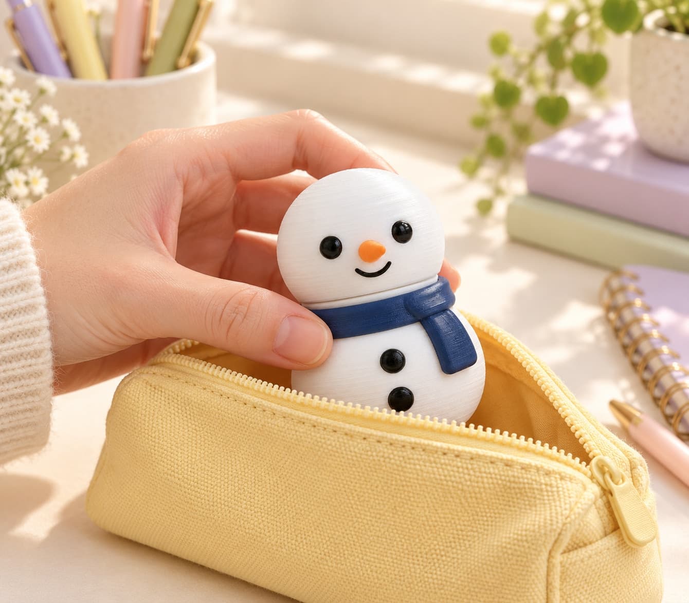 A hand tucking a snowman clicker into an open yellow canvas pencil pouch